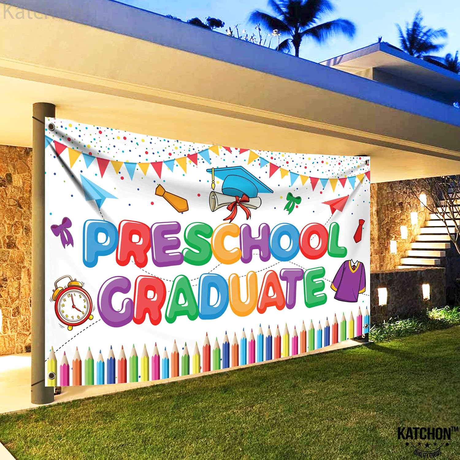 KatchOn, Preschool Graduation Backdrop 2024 - Large 72x44 Inch | Preschool Graduation Banner, Preschool Graduation Decorations Class of 2024 | White Graduation Decorations | Vpk Graduation Decorations