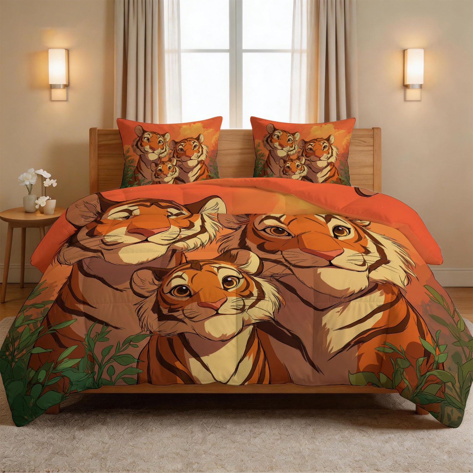 Couette d'été matelassé 220x240 cm en coton lavé orange avec motif tigre pour lit 2 personnes