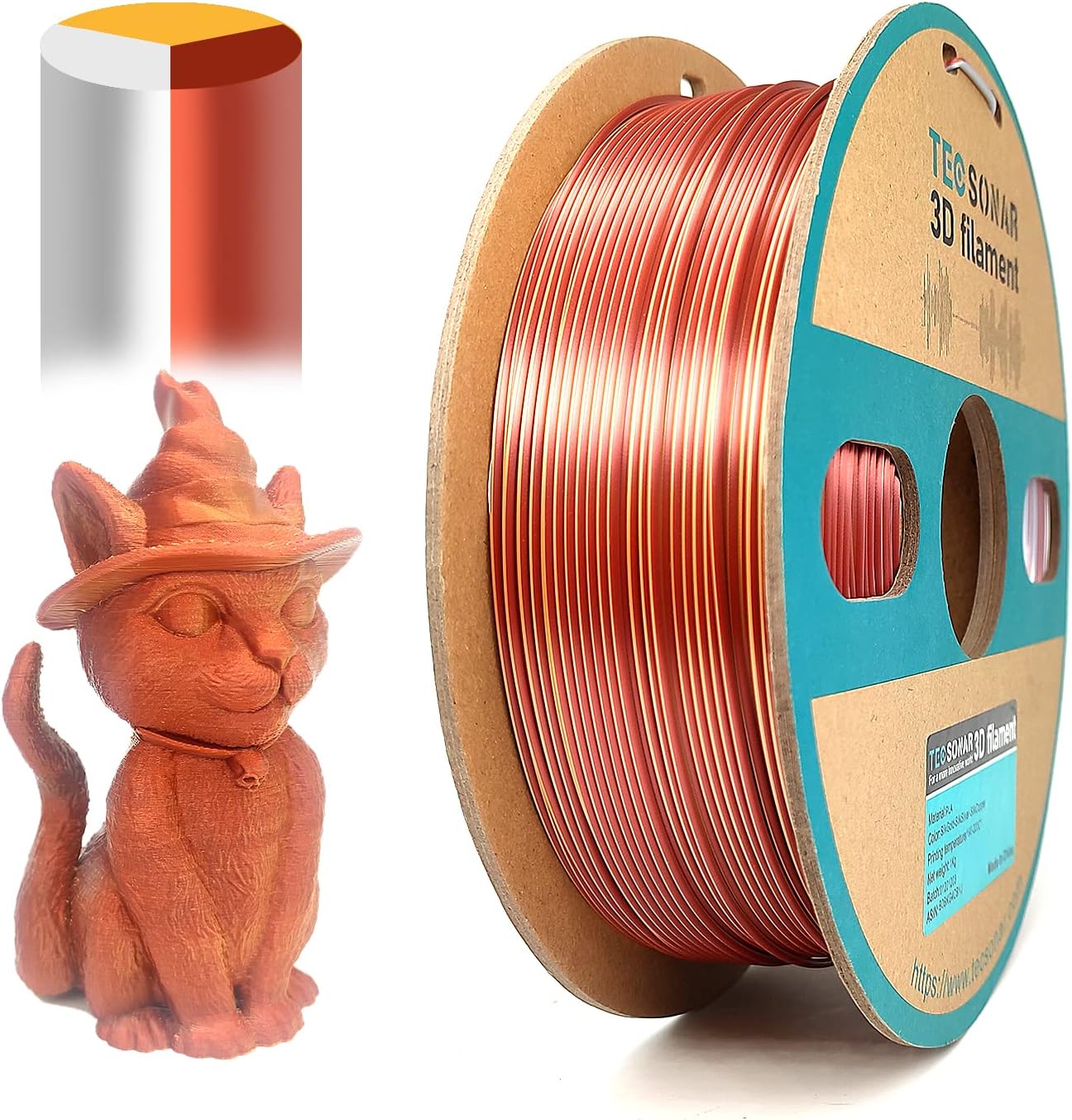TECSONAR Tricolor PLA Filament Coextrusion Filament 1kg Triple Color Filament 1.75mm (± 0.03 mm) Compatible w/Most of 3D Printer Silk Gold Silver Copper