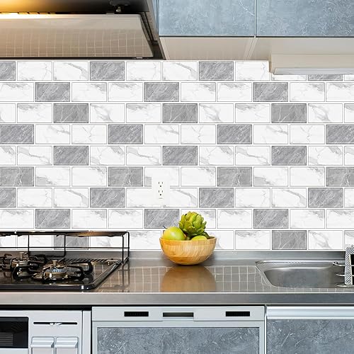 Miniatura 2 de URCOLOR Azulejo de 10 hojas para despegar y pegar en muro de cocina, salpicaduras traseras de 12 x 12 pulgadas para baño, aspecto de mármol gris y