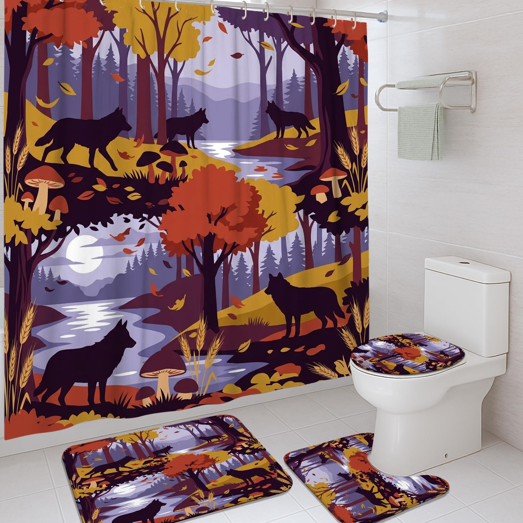 Rideau de douche loup et tapis violet pour baignoire 183x183 cm