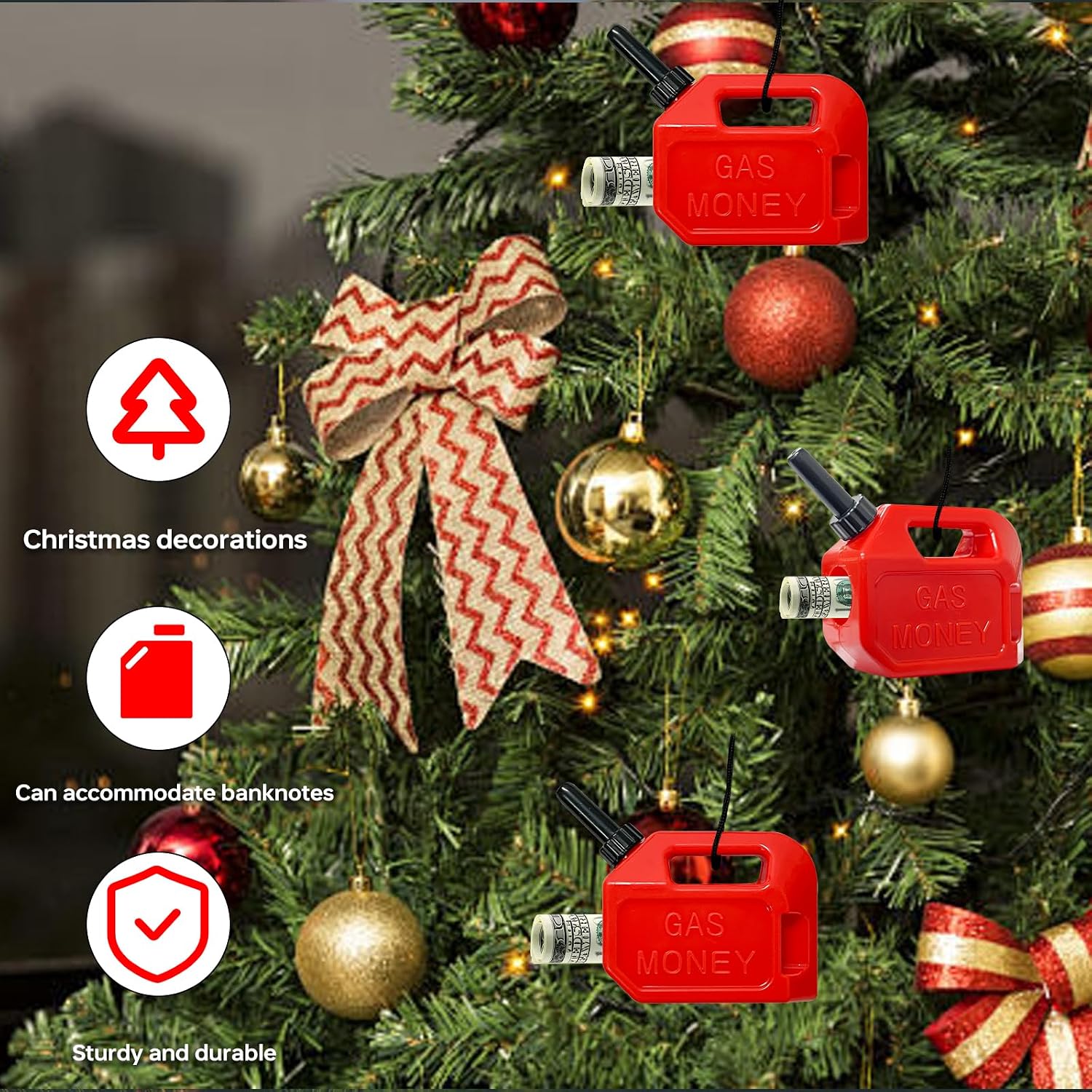 Red Resin Gas Can Christmas Tree Ornaments, Funny Money Holder Holiday Decoration Gifts for Cash Roll, Money Clip Christmas Tree Ornaments for Adults, 3PCS