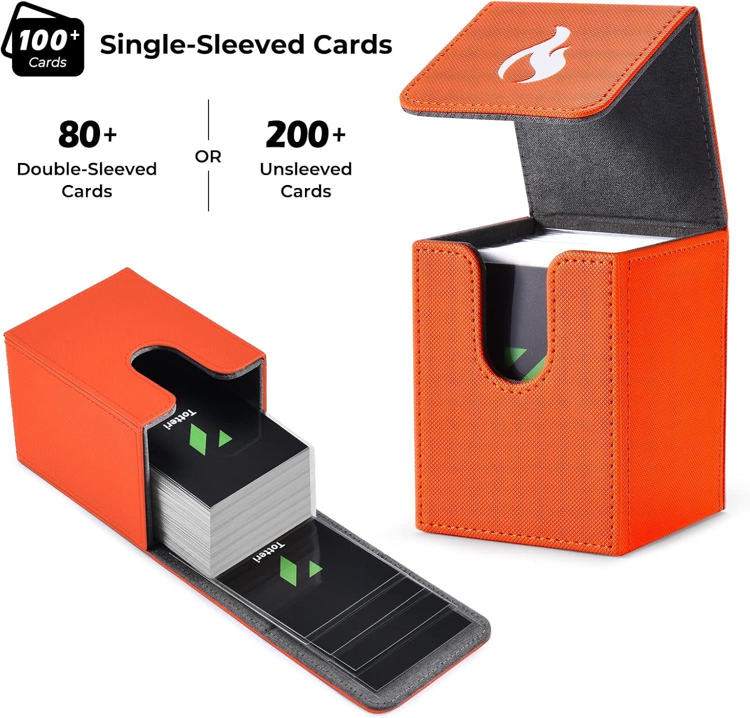 totteri Card Deck Box with 100 Pcs Card Sleeves for Pokemon Trading Card, Storage Box Case Fits 100+ Sleeved Cards, PVC Free Card Holder for MTG/TCG (Fire Orange)