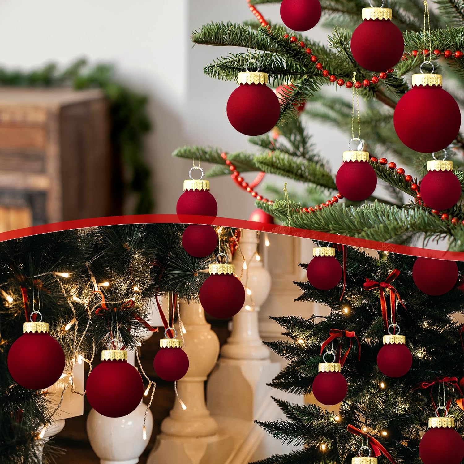 40 Pcs Burgundy Velvet Christmas Balls Flocked Christmas Tree Hanging Ornaments Neutral Shatterproof Plastic Velvet Ball for Xmas Tree Decor