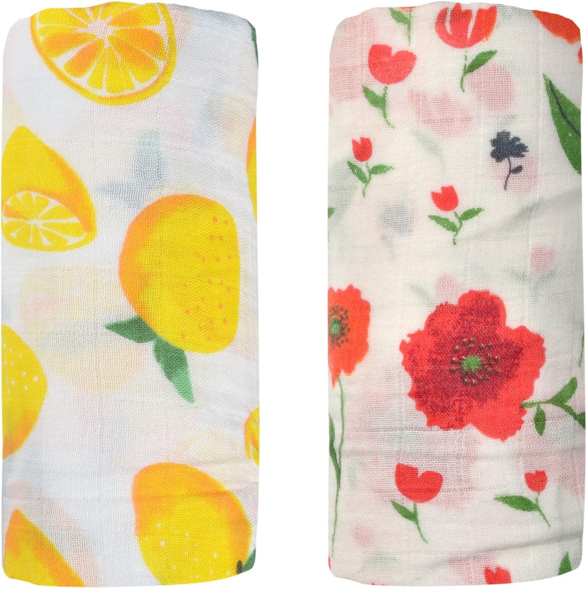 Bamboo Muslin Swaddle Square Blankets - 2 Pack Rose & Lemon Print Baby Receiving Blanket Wrap for Girl Shower Gift by Qav Juh (Rose&Lemon)