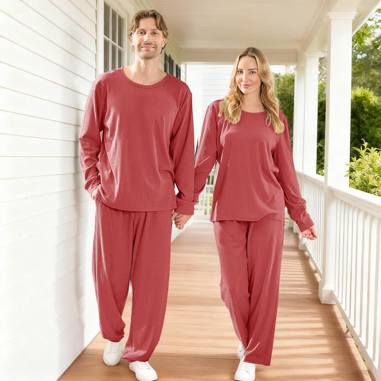 PJGGZ Ribbed Knit Matching Pajamas for Couples - Soft Cozy Pjs Long Sleeve Top & Wide Pant Sleepwear | Home & Lounge