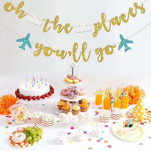 Miniatura 4 de INNORU Cartel de Oh The Places You Go - Decoración de banderines para fiesta de despedida temática de viaje, Bon Voyage, cumpleaños, aniversario,