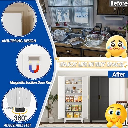 Miniatura 5 de Armario de almacenamiento de metal de 71 pulgadas de alto con 2 puertas y 4 estantes ajustables, armario de despensa de cocina, armario