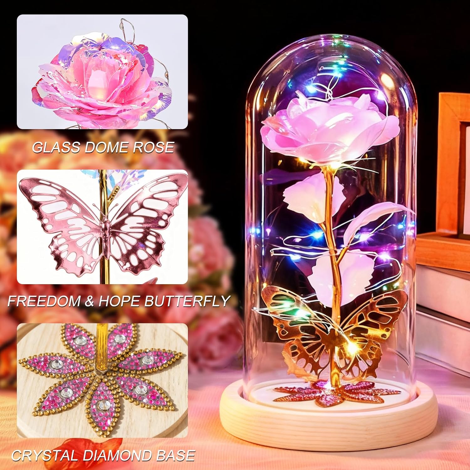 Beferr Valentines Day Rose Gifts for Her Women Mom, Galaxy Glass Rose Forever Preserved Flowers for Delivery Prime Rose in Glass Dome Valentine's Day Flowers Gifts for Wife Daughter Anniversary NPink - Image 3