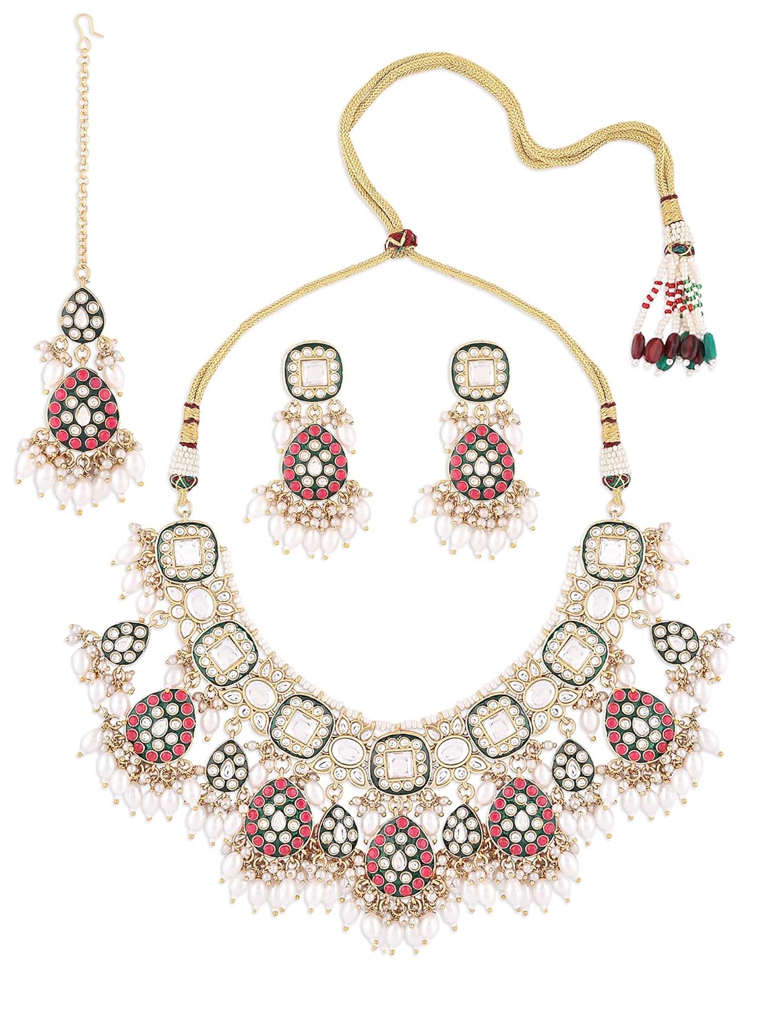 ZAVERI PEARLS Rani Pink & Green Enamel Kundan & Beads Bridal Necklace Earring Maangtikka & Ring Set For Women-ZPFK16758