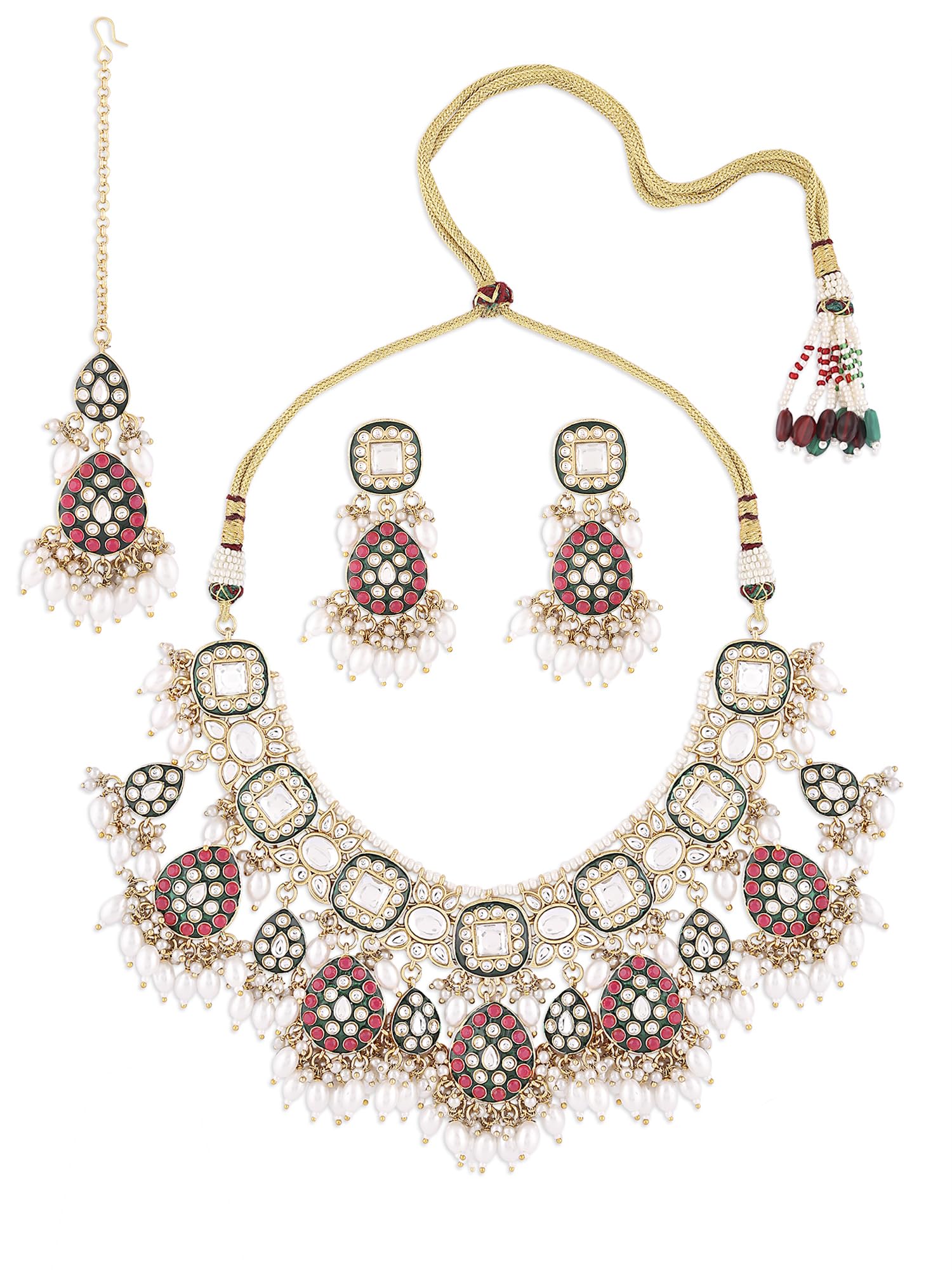 ZAVERI PEARLS Rani Pink & Green Enamel Kundan & Beads Bridal Necklace Earring Maangtikka & Ring Set For Women-ZPFK16758 (B0CLD6VVV3) Amazon Price History, Amazon Price Tracker