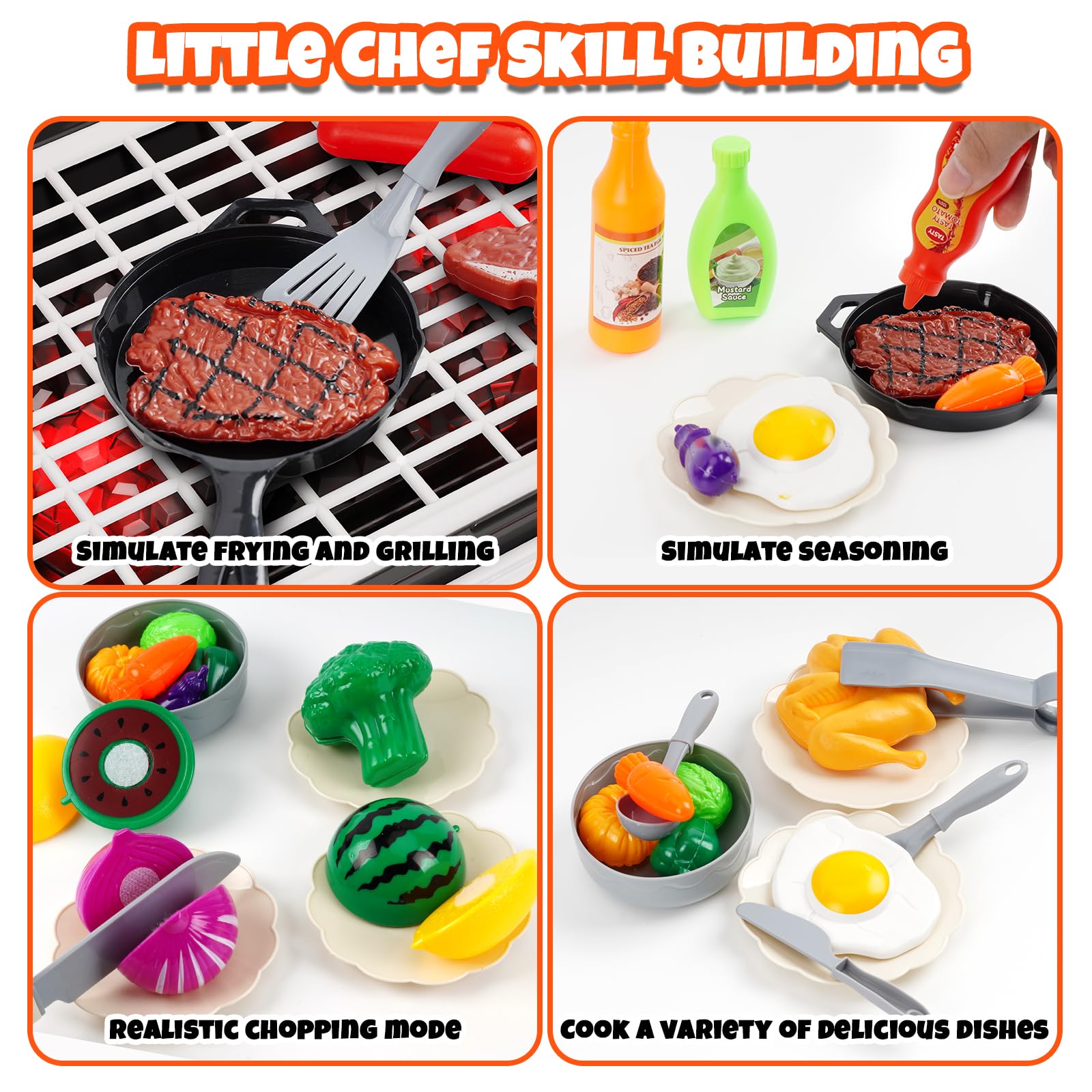 Kids BBQ Grill Playset,Indoor Kitchen Toy,Play Toy Grill Set with Fake Smoke Lights Sounds,Kids Grill Playset Kitchen Toys Set with Sink,2-Layer Barbecue Outdoor Play Grill Toy for Toddler Boys Girls