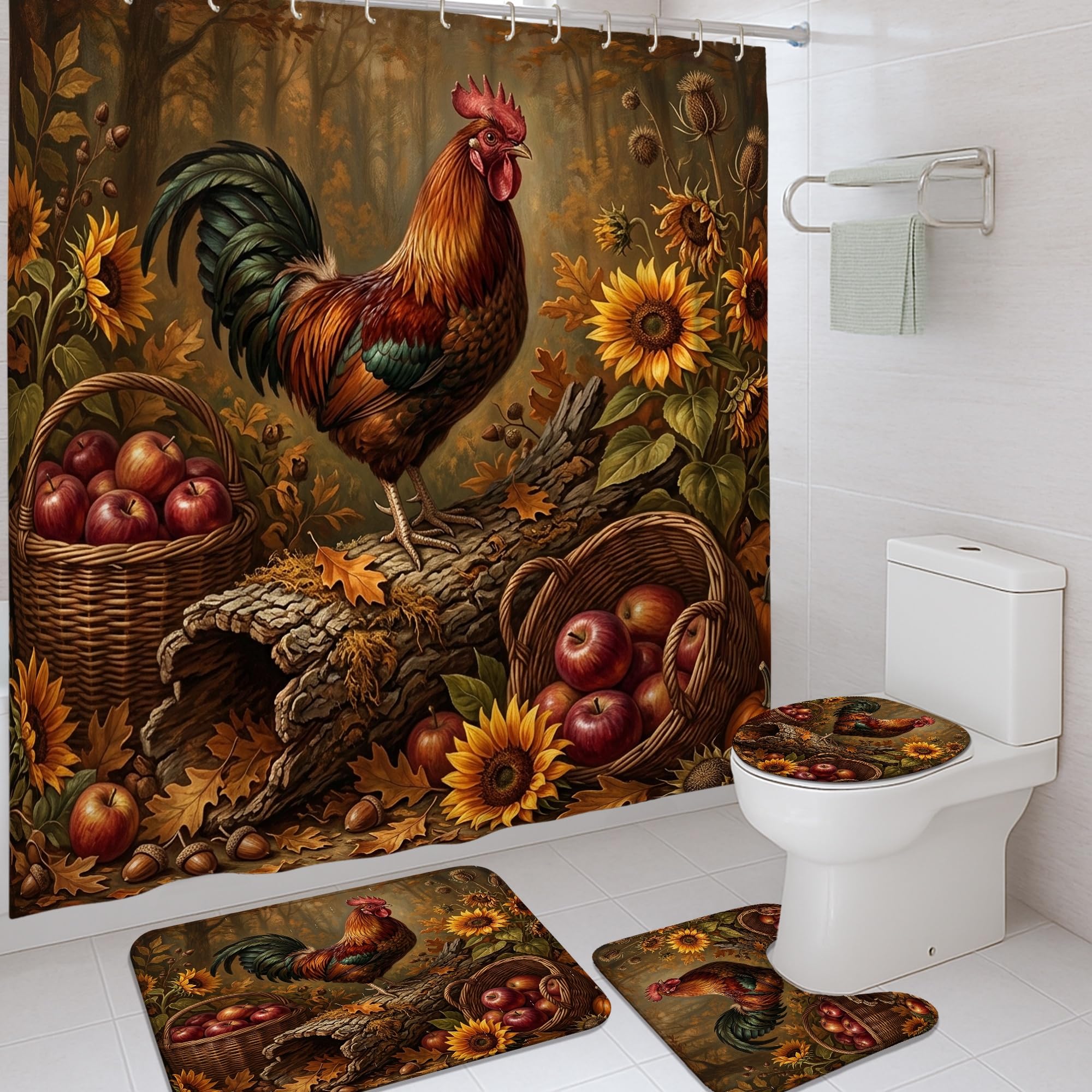 Rideau de douche anti-éclaboussure marron pour chambre d'amis avec tapis