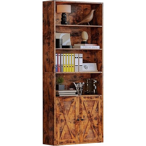 IRONCK Industrial Bookshelves and Bookcases with Doors Floor Standing 6 Shelf Display Storage Shelves 70 in Tall Bookcase Home Decor Furniture for Home Office, Living Room