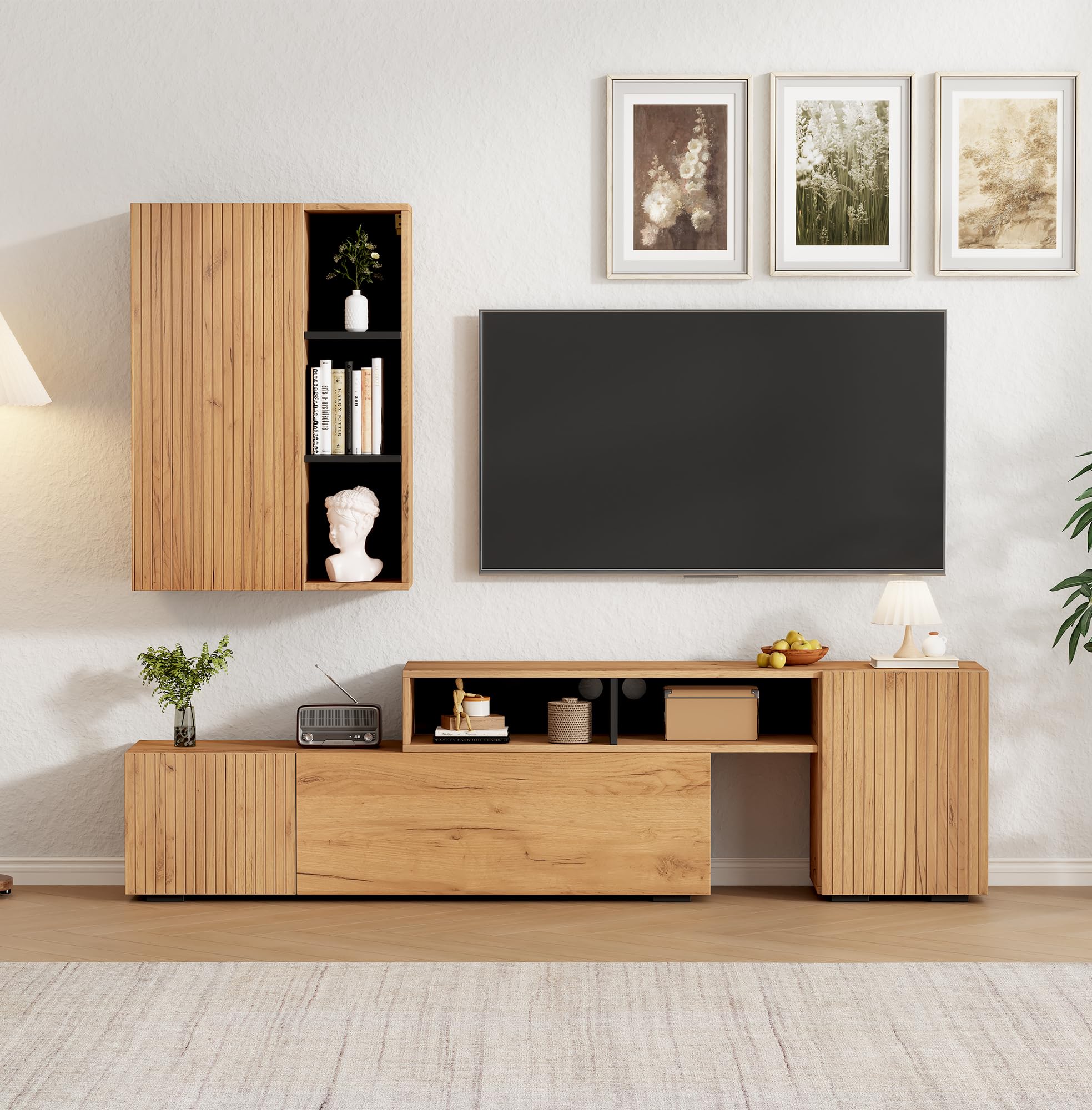 Mueble para salón, mueble de TV, juego de muebles de salón (juego completo, 2 unidades), mueble de TV con vitrina, estantería de pie, longitud flexible, hasta 265 cm, TV de hasta 120
