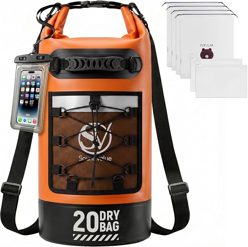 Bolsa Seca Impermeable, Mochila Flotante para Paddle Surf 20L Naranja | Bolsas Secas Impermeables para Pasear en Kayak, Bolsa Seca con Bolsa de Teléfono Impermeable, 6 Bolsas de Almacenamiento, Correas para los Hombros,Asa, Bolsa de Malla