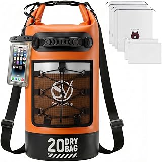 Waterproof Dry Bag, Kayaking Paddle Boarding Floating Backpack 20L Orange | Waterproof Dry Bags for Kayaking Boating, Drybag with Waterproof Phone Pouch, 6 Storage Bags,Shoulder Straps,Handle,Mesh Bag