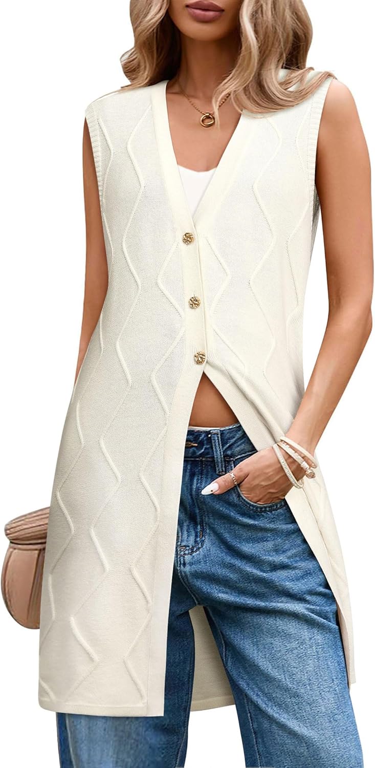 ZXZY Womens Dressy Casual Long Sweater Cardigan Sleeveless V Neck Button Up Cable Knit Tunic Vests