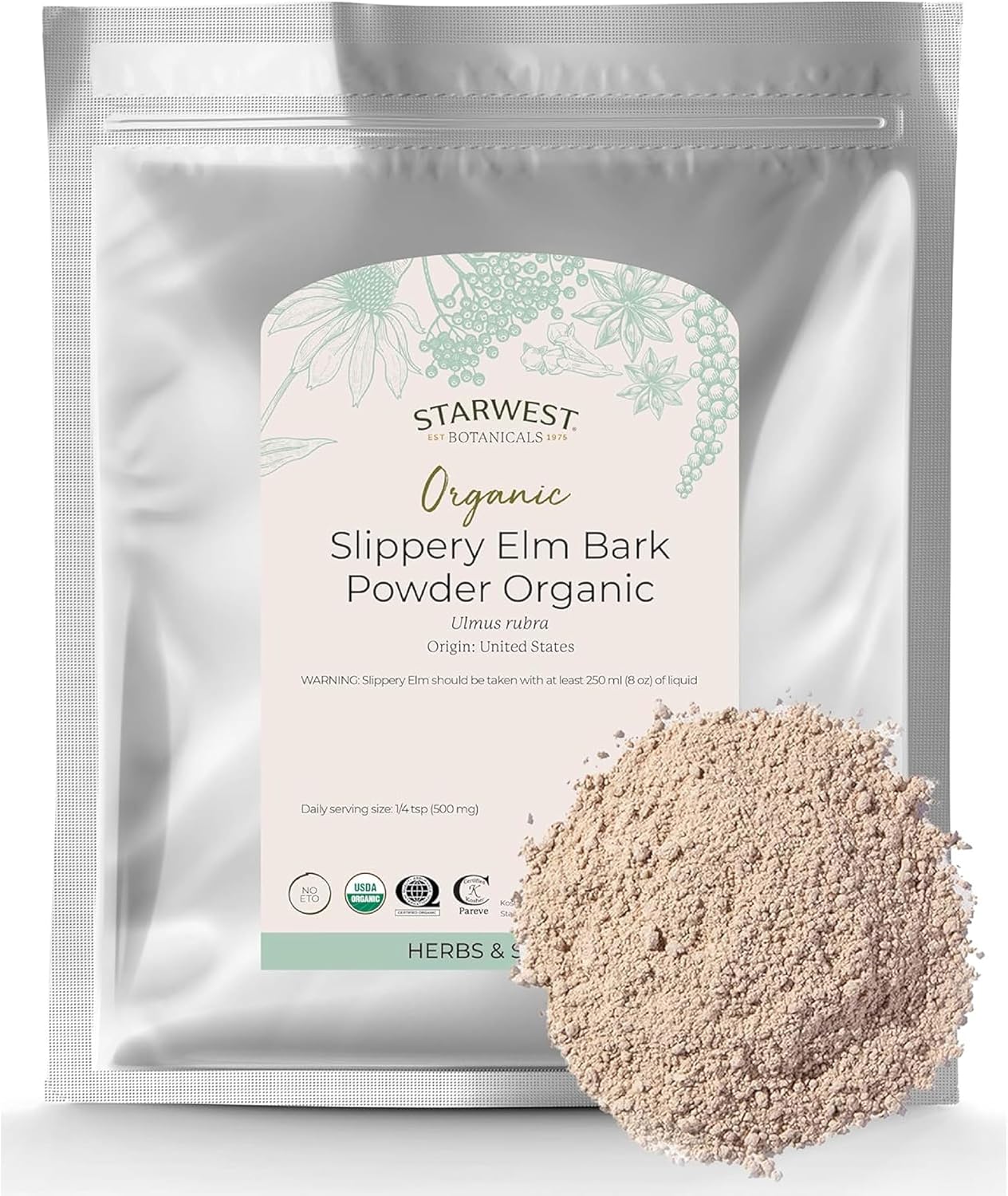 Starwest Botanicals Organic Slippery Elm Bark Powder - Traditional Herb for Tea & Recipes, Enjoy with Milk & Sweetener, Certified Kosher, Non-GMO - Bulk 1 lb Bag