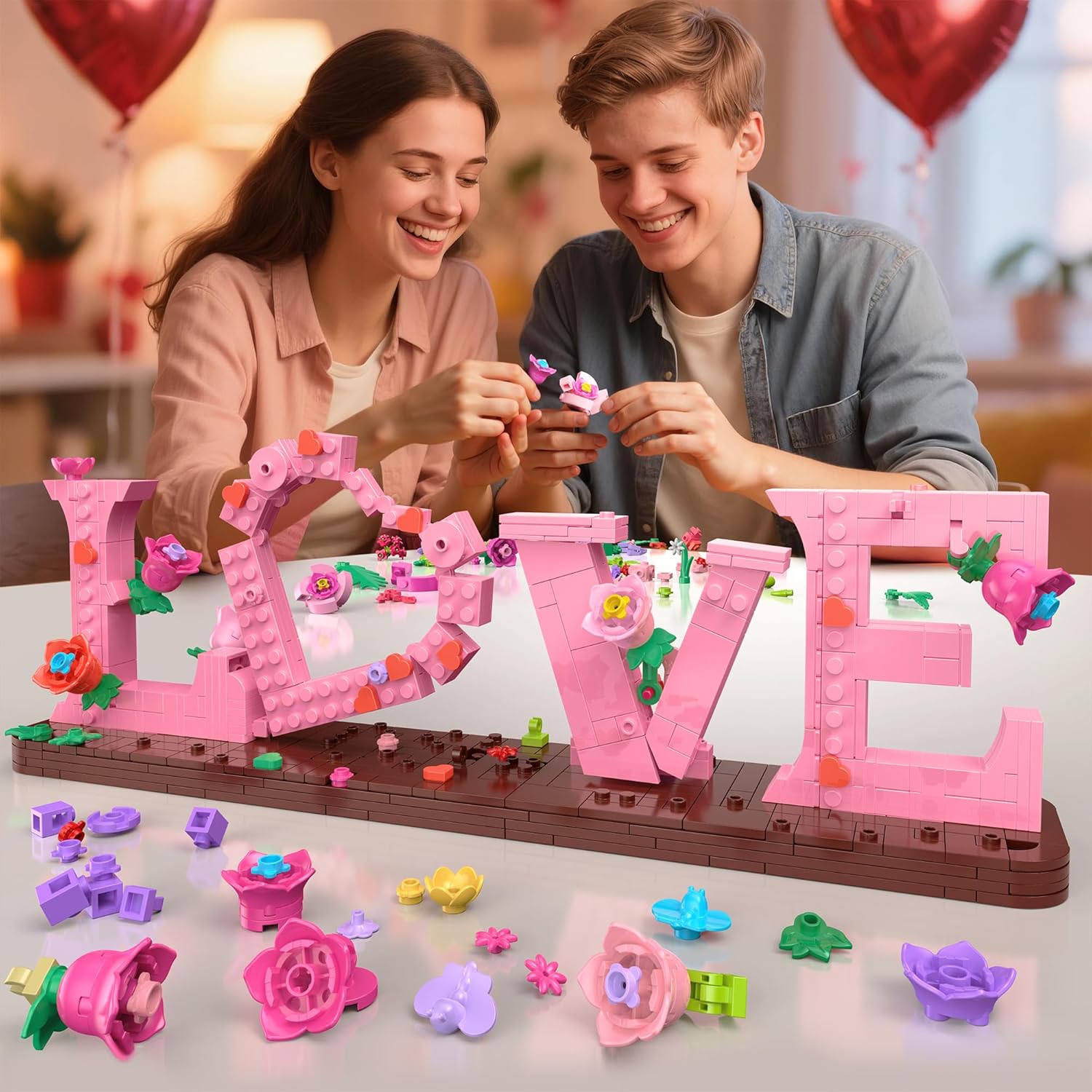 Love and Flowers Building Set for Adults, 791 PCS Letter Brick Art Pink Flower Blocks for Home Décor, Gift for Kids, Birthday, Valentine’s Day, Mother's Day, Confessing Love for Her or Him