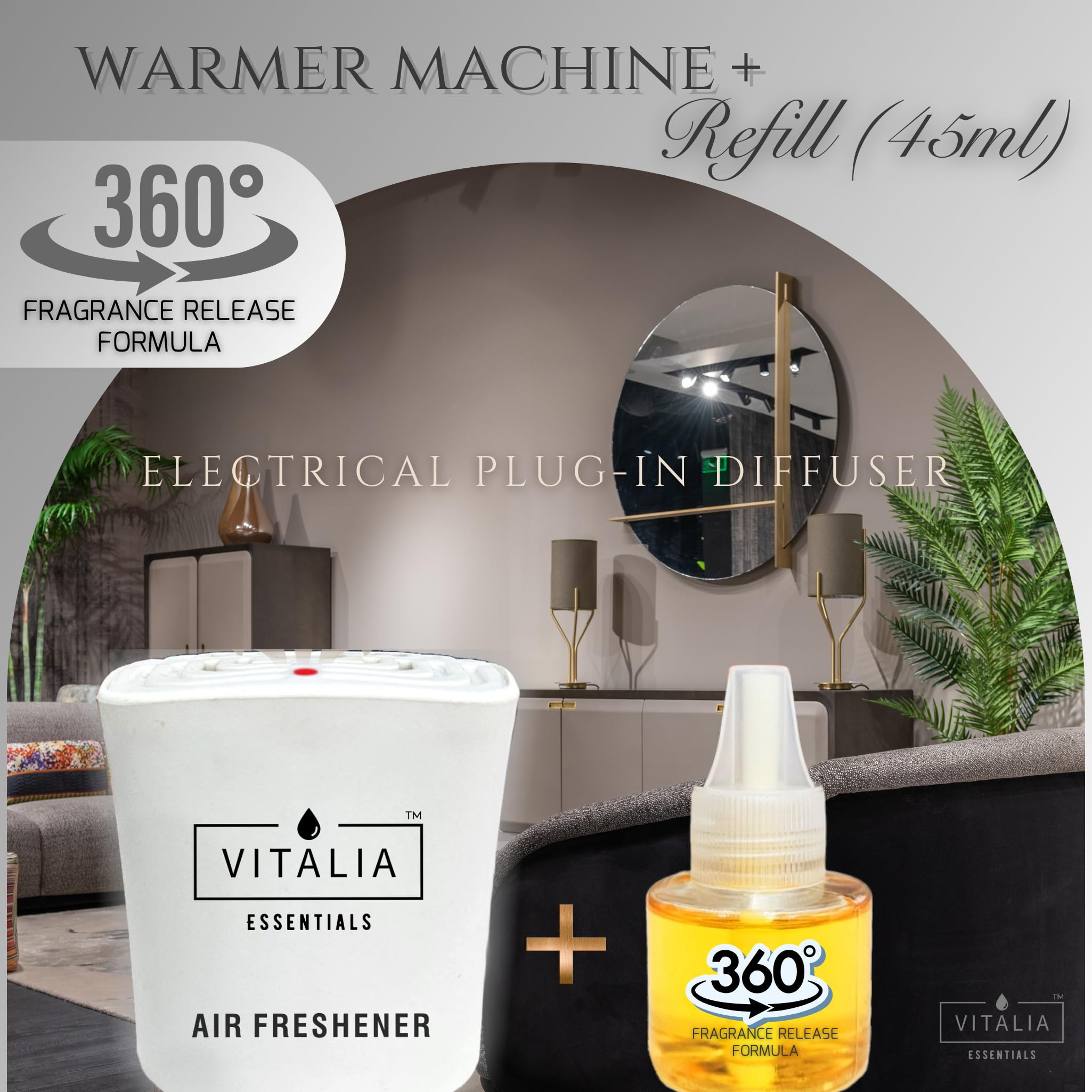 Vitalia Essentials - LEMON BURST - Electric Plug-in Automatic Room Freshener | 1Machine + 1Refill (45ml) | 3W Low Power Consumption | Long Lasting Stay | Room & Bathroom Freshener | STRONG 3