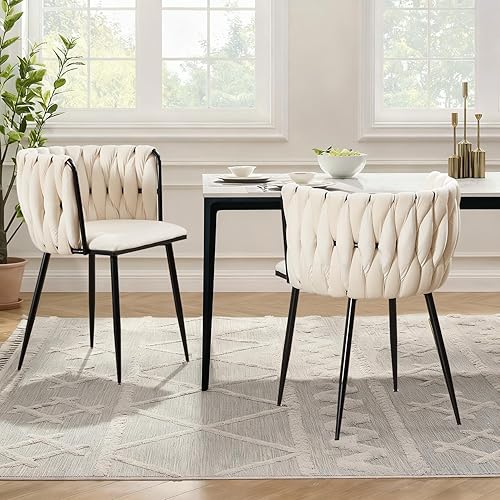 Juego de 2 sillas de comedor de terciopelo, sillas tapizadas tejidas, modernas para cocina y comedor, sillas decorativas de ocio con patas de metal