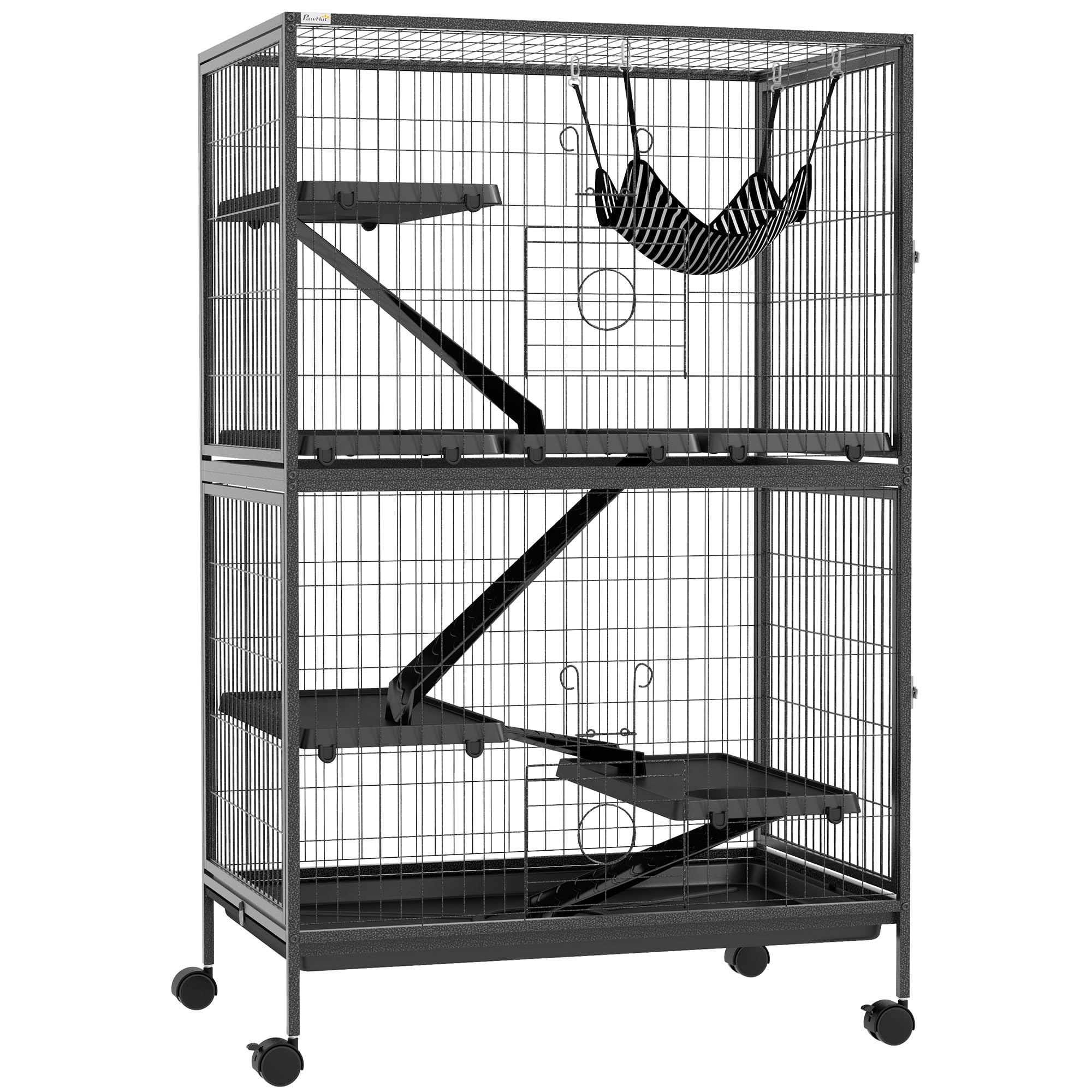 PawHut Cage pour Petits Animaux 4 Niveaux Cage pour rongeurs avec Roues, rampes, hamac Suspendu et Plateau Amovible Enclos pour Lapins Chinchillas Furets 80x52x128 cm Gris foncé