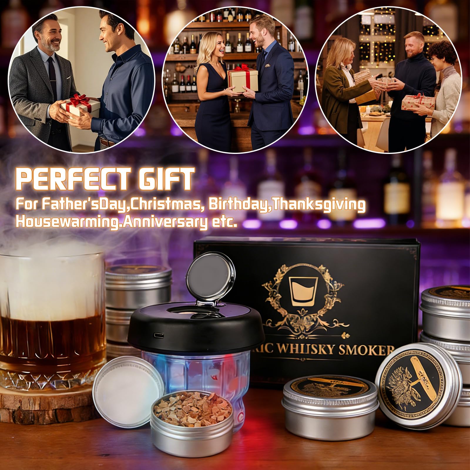 Zestaw do wędzenia whisky, elektryczny zestaw do wędzenia koktajli z 6 aromatami drewna, światło RGB, zestaw prezentowy do whisky, napojów, kawy, prezenty do whisky dla mężczyzn, prezent urodzinowy