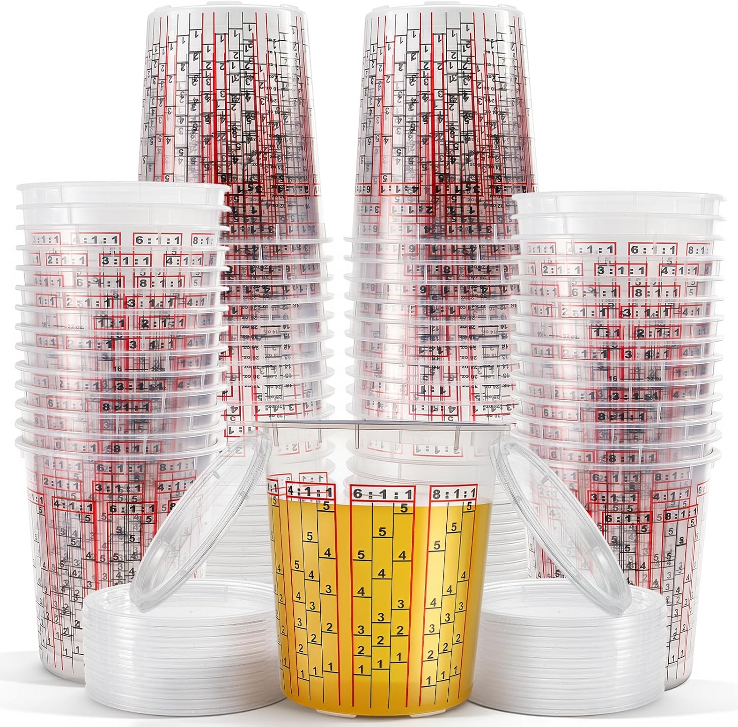 Yesland 30 Pack Paint Mix Cups with Lids, 32 Ounce Plastic Paint and Epoxy Mixing Cups with Calibrated Mixing Ratios on Side of Cup, for Paint, Activators, and Thinner
