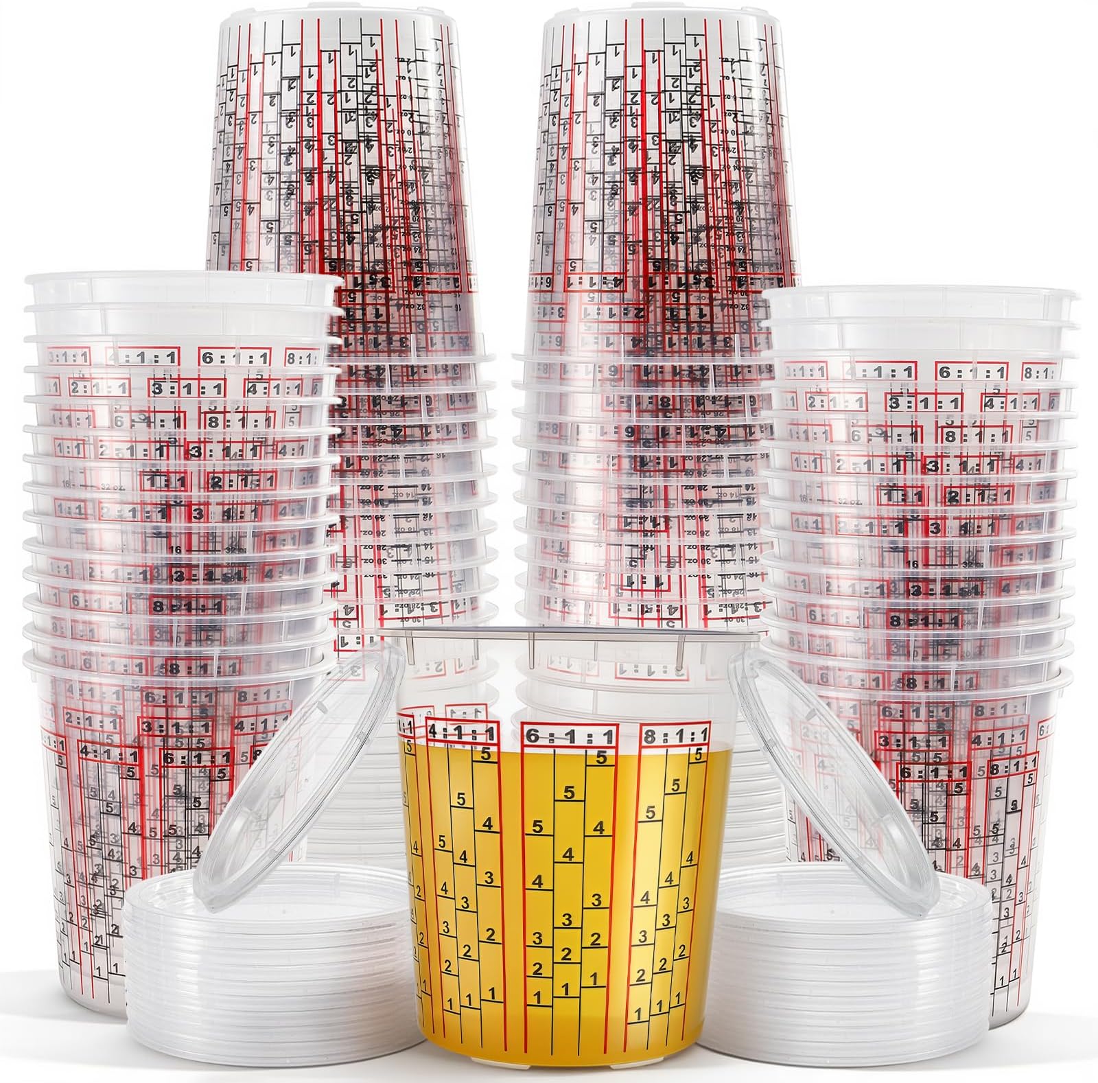 Yesland 30 Pack Paint Mix Cups with Lids, 32 Ounce Plastic Paint and Epoxy Mixing Cups with Calibrated Mixing Ratios on Side of Cup, for Paint, Activators, and Thinner