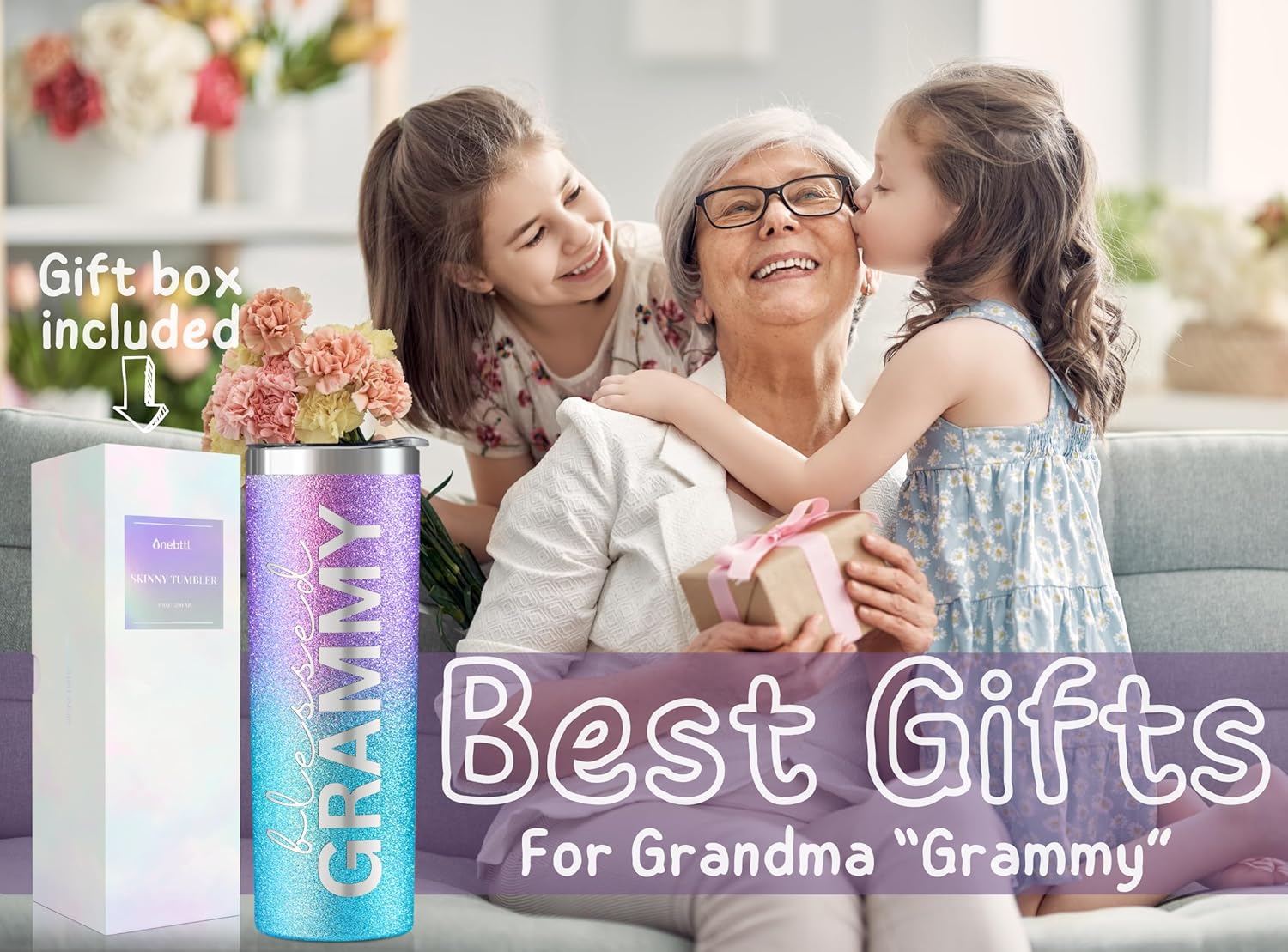 Onebttl Grammy Gifts for Grandma's Mother's Day, 20oz Purple & Blue Glitter Skinny Tumbler, Straw & Lid Included, Christian Gifts for Blessed Grammy - Image 3