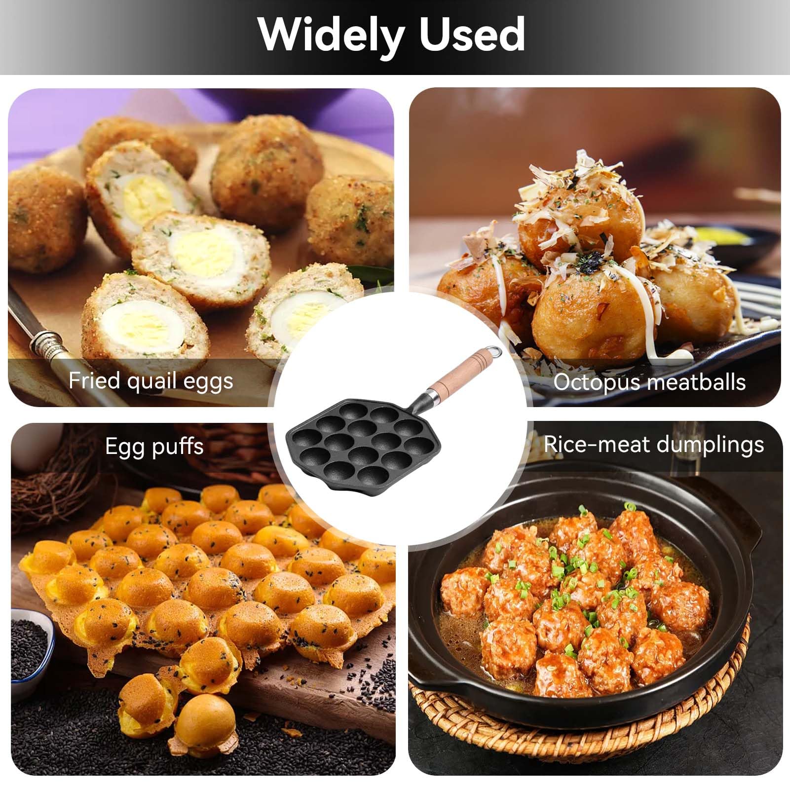 Takoyaki Maker 14 Fori Grill Pan Aebleskiver Padella Antiaderente Manico Legno
