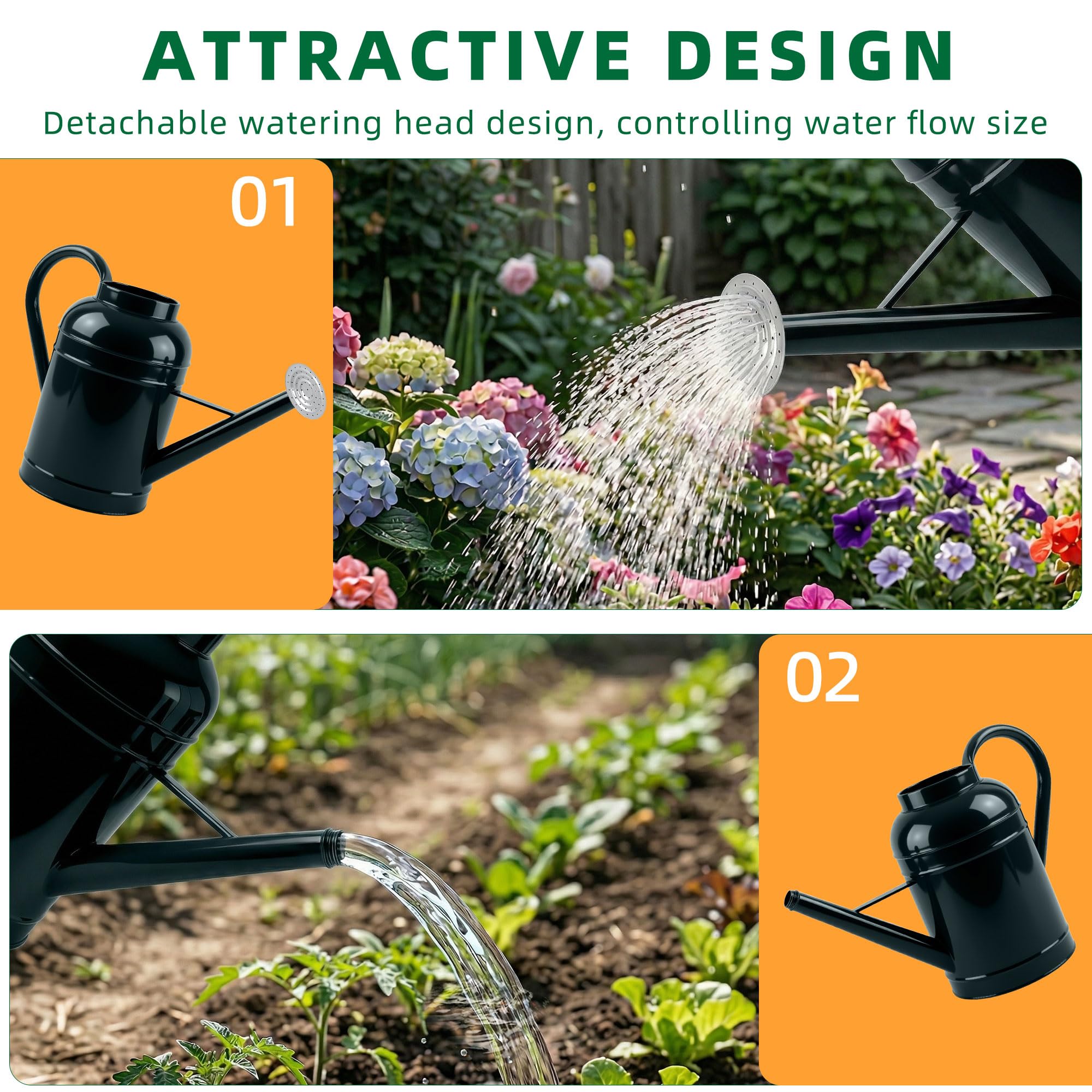 Arrosoir en métal galvanisé de 8,7 l pour plantes d'extérieur avec long bec amovible doré
