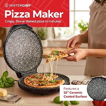 MisterChef Ceramic Pizza Maker 1450W 12 Inch Non-Stick Plates, Black