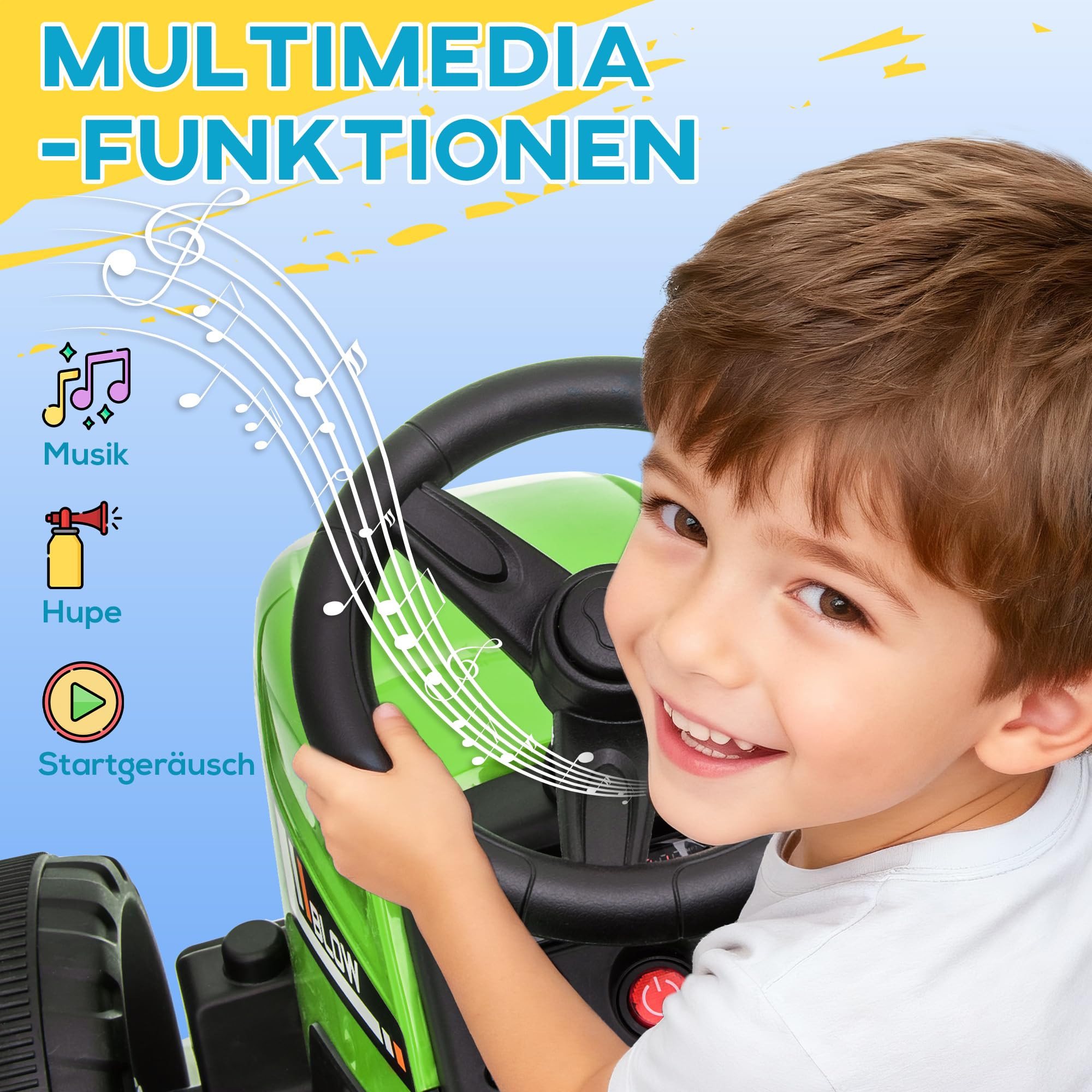 HOMCOM Elektrischer Traktor mit Anhänger 2,4G Fernbedienung 3-6KM/H Grün | Kinder Aufsitztraktor, Kinder Elektroauto mit MP3 Funktion, Kinderfahrzeug mit Scheinwerfer, für 3-6 Jahre