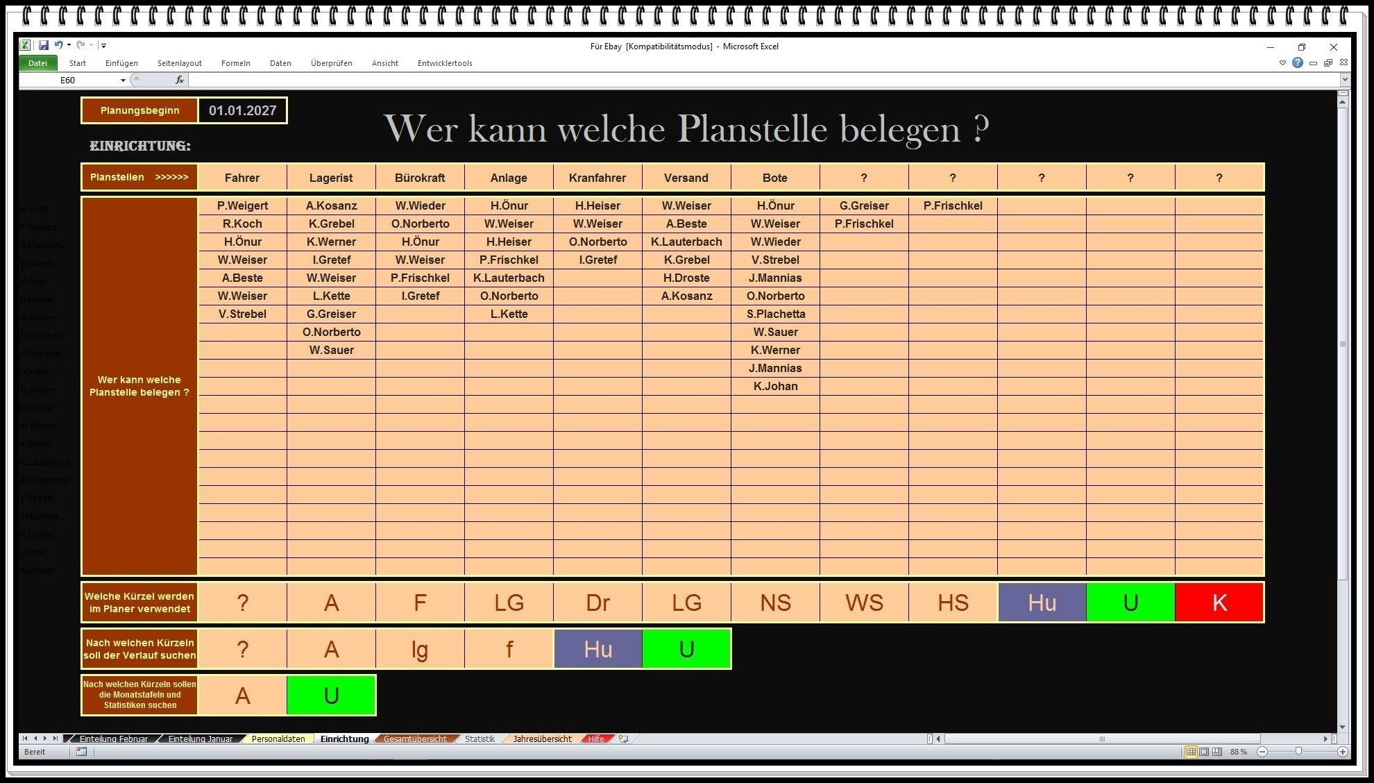 Urlaubsplaner Personalplaner Dienstplaner Software Excel 2026 2027 | Urlaub planen, Vertretungen organisieren und Personaleinsätze übersichtlich verwalten.