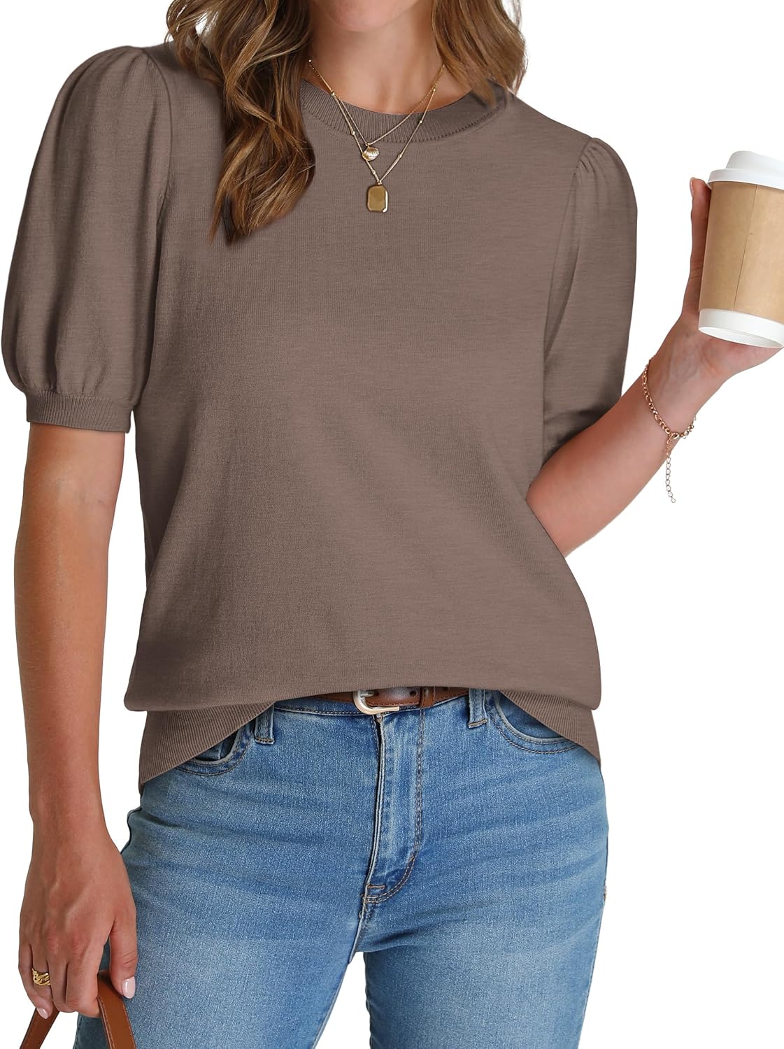 WIHOLL Women's Puff Short Sleeve Sweater 2026 Spring Summer Tops Trendy Business Causal Outfits Work Blouses Clothes