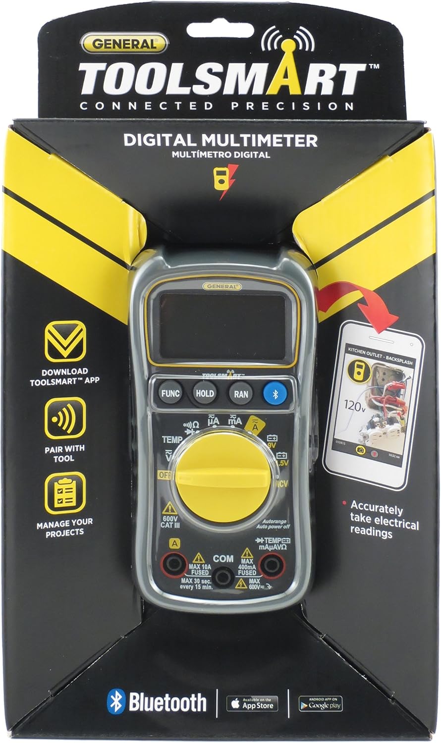 General Tools TS04 ToolSmart Bluetooth Connected Digital Multimeter, Auto-Ranging with NCV Detector, CAT III 600V Safety Rated