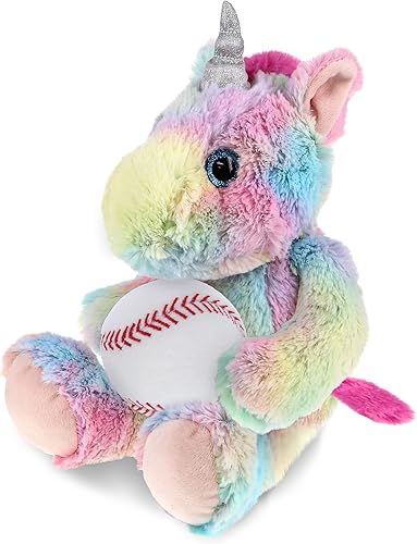 Miniatura 1 de DolliBu Animal de peluche de unicornio arcoíris sentado con felpa de béisbol, unicornio suave abrazable, juguete de peluche para jugar, bonito