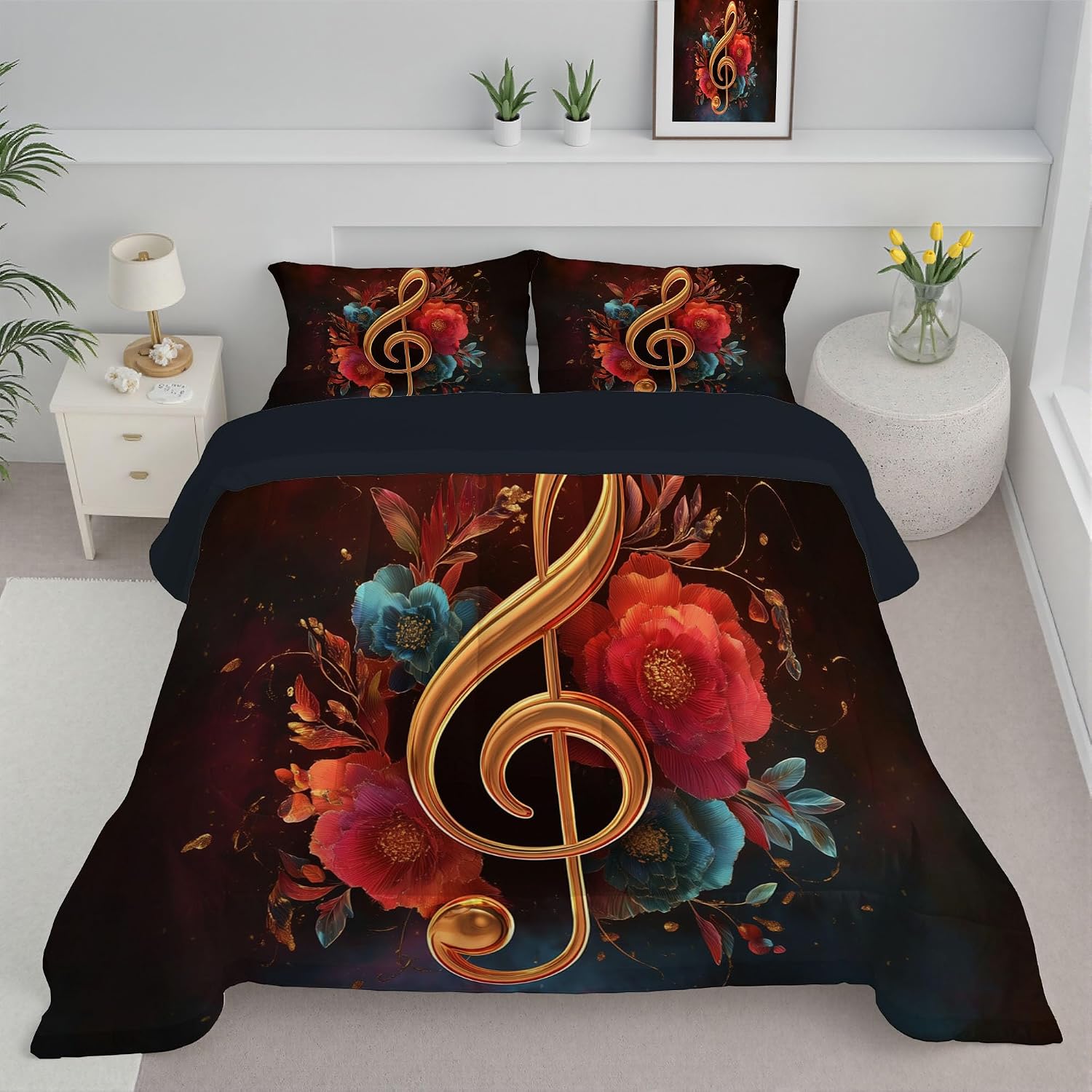 Music Notes Comforter Set Full Size, Abstract Floral Bedding Set for Teens Adults Room, Red Soft 80" x 90" Quilt with 2 Pillow Cases, Lightweight Red Quilt for All Season