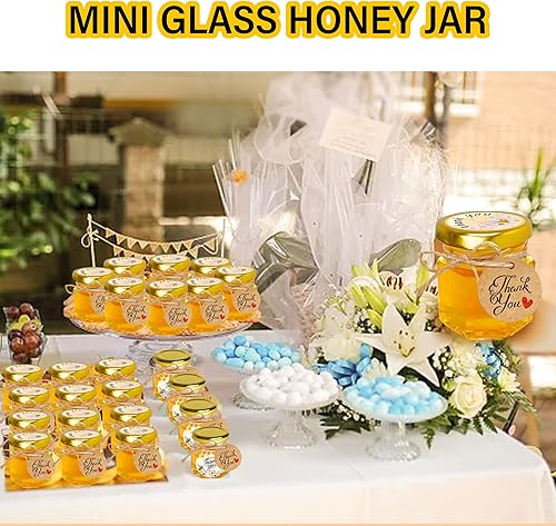 Miniatura 7 de GIVAMEIHF Mini tarros de miel de vidrio de 1.5 onzas, 60 tarros hexagonales de miel, 60 calcomanías de abeja, 60 etiquetas, cuerda de yutes, mini
