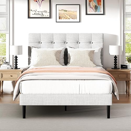 Miniatura 3 de UNIZONE Base de cama tapizada de tamaño matrimonial con cabecera capitoné, cama de plataforma con cabecera de tela de lino, soporte de listones de