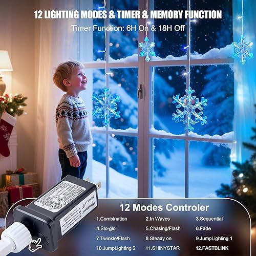 Miniatura 2 de Minetom Luces de copo de nieve de Navidad  13 pies 192 luces LED de carámbano de copo de nieve con 16 gotas, 12 modos y temporizador, luz de Navidad