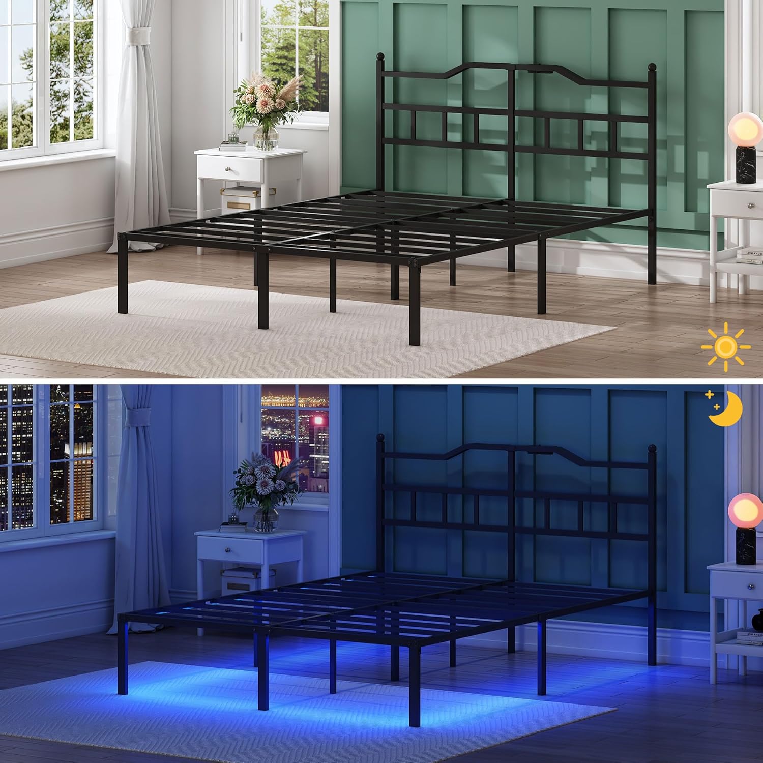 Full Bed Frame with LED Lights, 14 inch Metal Bedframe with Headboard, Outlets & USB, Heavy Duty Basic Steel Slats Platform, Noise Free, No Box Spring Needed