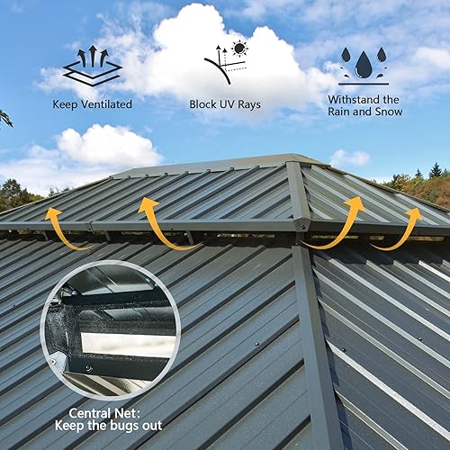 Miniatura 7 de Domi Gazebos de techo rígido de 12 x 14 pies, cenador de metal de aluminio con toldo de doble techo de acero galvanizado, cortina y red, pabellón