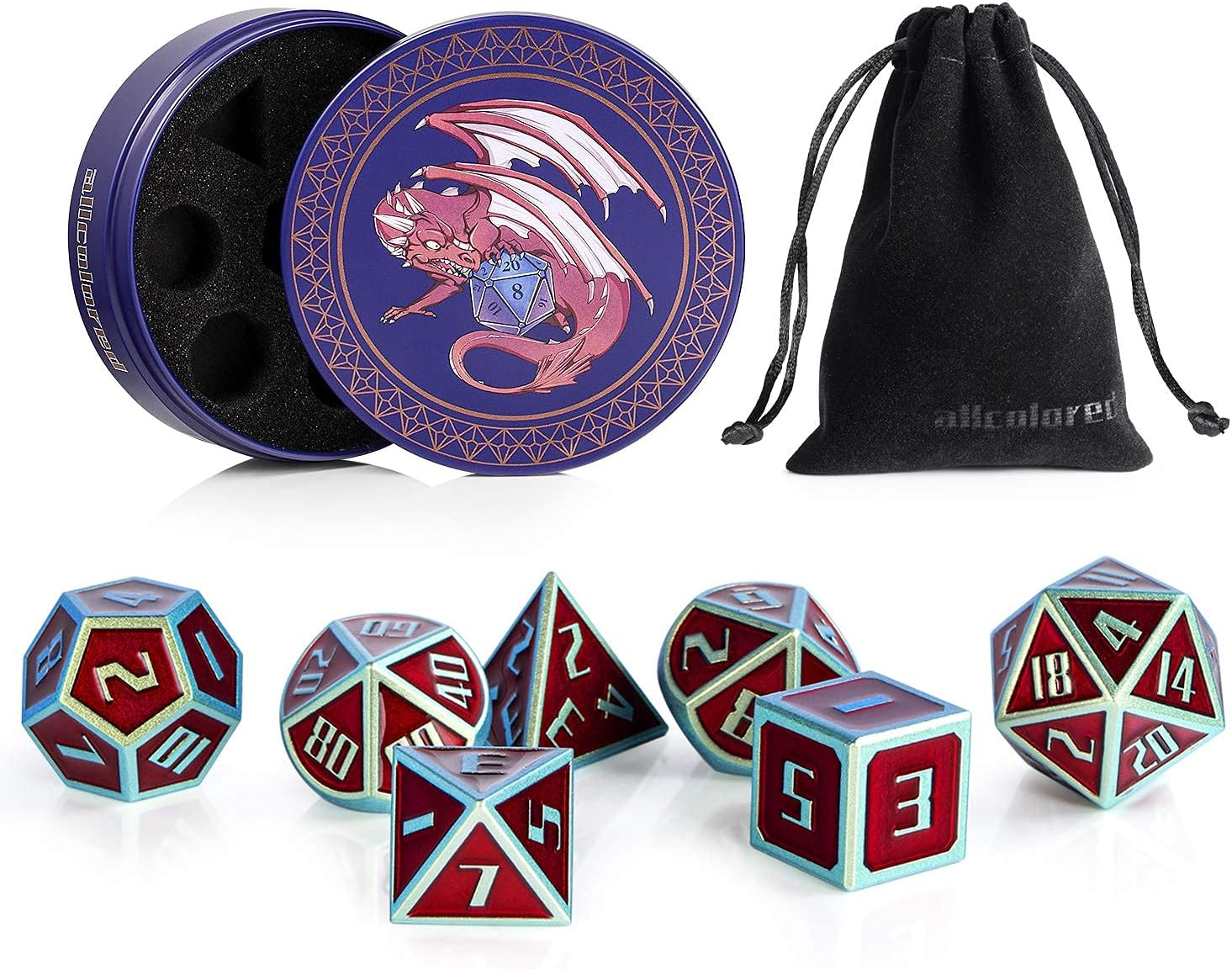 16mm Metal Dice Set D&D, Chameleon DND Polyhedral Dice with Metal Case and Velvet Bag for Playing Tabletop Roleplay Games Dungeons and Dragons by ALLCOLORED