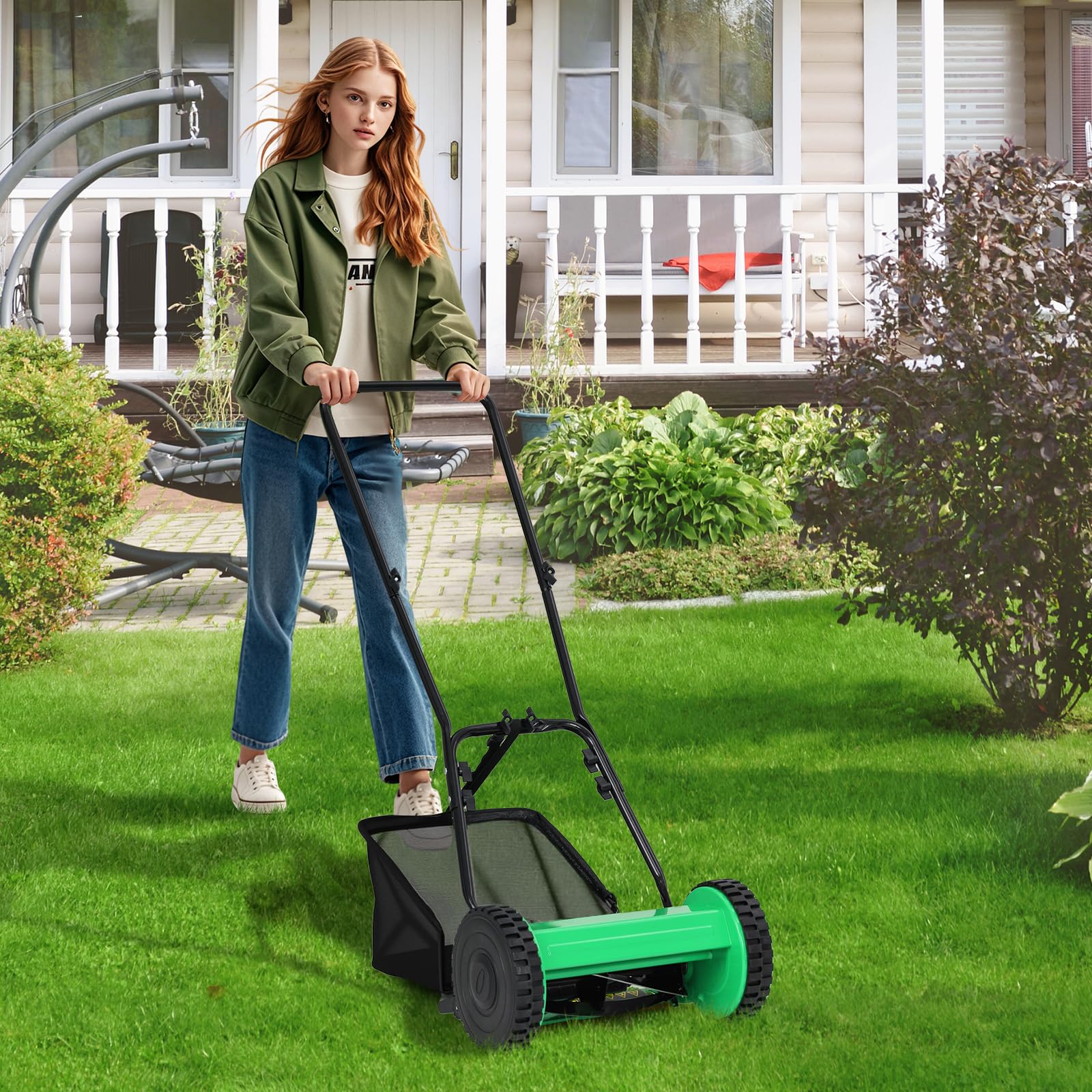 COSTWAY Cortacésped Manual, Barrendero de Césped con Ancho de Corte de 30 cm, Altura de Corte Ajustable de 15-40 mm, Caja de Recolección de Césped de 18,5 L, 2 Ruedas, Cuchilla (Verde)
