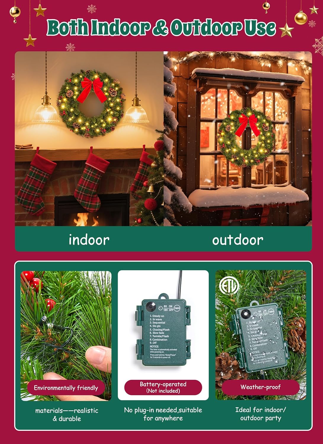 Brightown 24 Inch Pre-Lit Christmas Wreaths for Front Door, IP44 Battery Operated 50 LED Christmas Wreath, Decor with Pinecones Pine Needles Branches Red Berry Mini Bow for Front Door Wall Window - Image 5