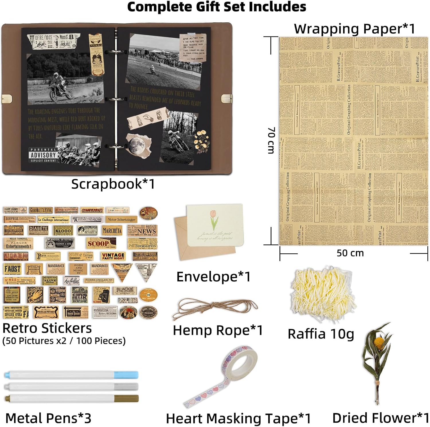 Vienrose Photo Album Scrapbook Kit, 3 Ring Faux Leather Cover DIY Memory Book Kraft Paper with 50 Sheets 100 Pages, Vintage Scrapbooking Supplies Set for Wedding, Anniversary, Valentine Gifts, Black