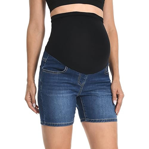V VOCNI Maternity Jean Shorts Over The Belly Mid Thigh Casual Trendy Pregnancy Denim Shorts Summer Maternity Clothes